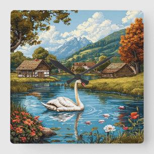 Landelijke Vintage Zwanen Natuur Landschap Vierkante Klok