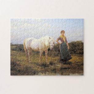 Landelijke vrouw die een wit paard aan water neemt legpuzzel