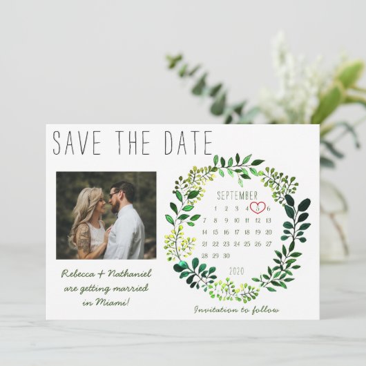 Landelijke Waterverf Groene Huwelijkskalender Hart Save The Date (Staand voorkant)