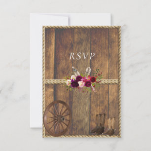 Landelijke Westerne bruiloft Roses Feathers Rope RSVP Kaartje