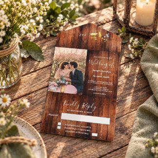 Landelijke wilde bloemen op houten foto Bruiloft All In One Uitnodiging