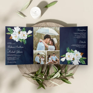 Landelijke Witte Magnolia Bloemen Navy Blauwe Trou Drieluik Uitnodiging