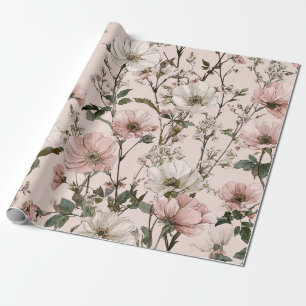 Landelijke Witte Roze Botanische Pastel Vintage Bl Cadeaupapier