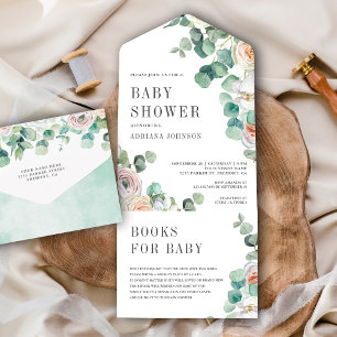Landelijke zachte rozen eucalyptus babyshower all in one uitnodiging
