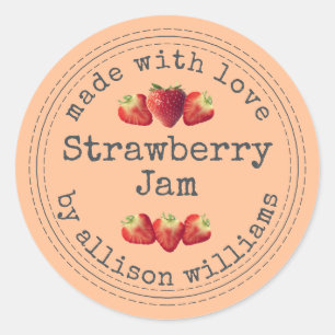 Landelijke zelfgemaakte aardbeienjam perzik oranje ronde sticker