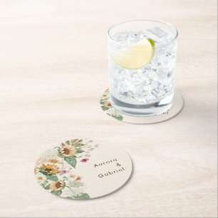 Landelijke zonnebloem beige bruiloft papieren coas ronde kartonnen onderzetter