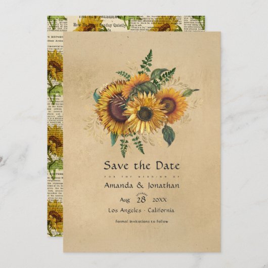 Landelijke Zonnebloemen Bruiloft Save The Date (Voorkant / Achterkant)