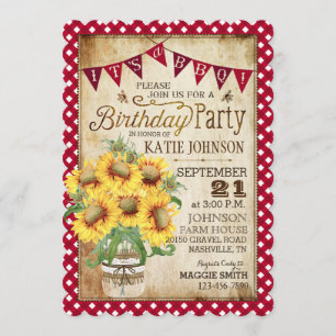 Landelijke zonnebloemen en Gingham Check Birthday Kaart