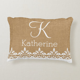 Landenburlap en monogram witte dampvlek decoratief kussen