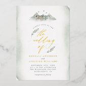 Landengroene Waterverf Leidingen en Bergbruiloft Folie Uitnodiging (Voorkant)