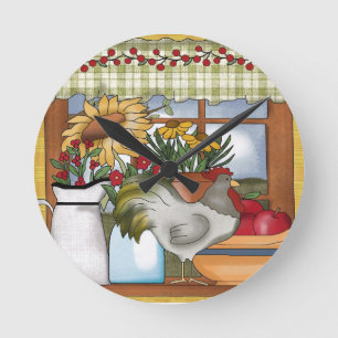 Landenkeukenvenster, rooster ronde klok