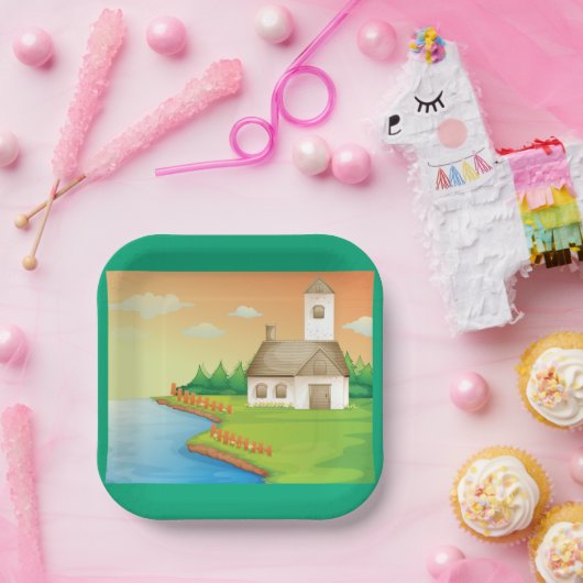 Landhuis aan het meer papieren bordje (Feest)