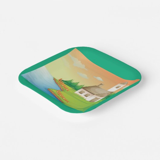 Landhuis aan het meer papieren bordje (Gebogen)