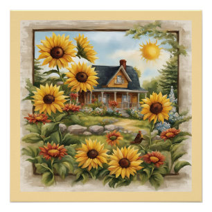 Landhuis Dromerige Gouden Zonnebloemen Perfect Poster