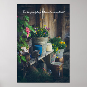 Landhuisportiek versierd met levendige viooltjes poster