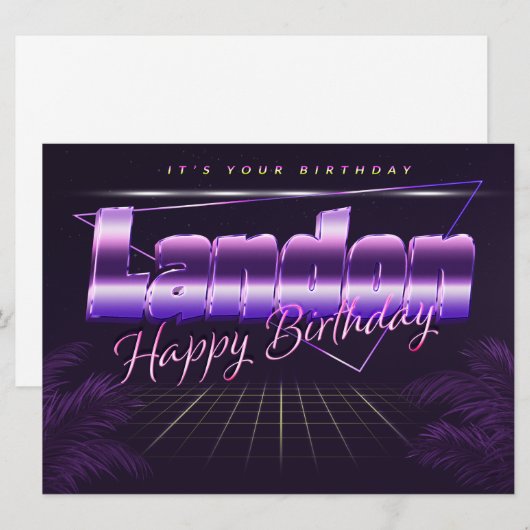 Landon Name Vorname lila retro Karte Geburtstag Kaart (Voorkant / Achterkant)