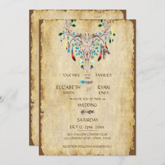 Landrustiek, Hertenschedel, Veren, Bruiloft Kaart (Voorkant / Achterkant)