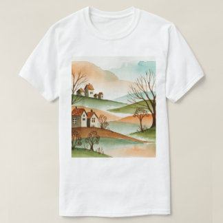 landscape of hills with small houses t-shirt