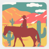 Landschap Cowboy Silhouette Vierkante Sticker (Voorkant)