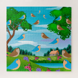 Landschap Huis Bomen Vogels Bloemen Natuur, Leefti Legpuzzel