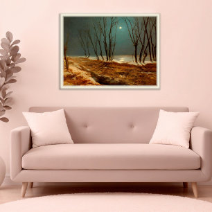 Landschap in de winter bij maanlicht, winterkunst poster