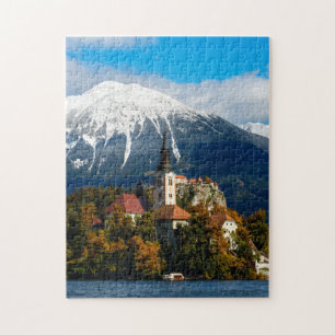 Landschap in het meer van Bled in de herfst Legpuzzel