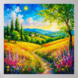 Landschap met bloemen op het platteland poster