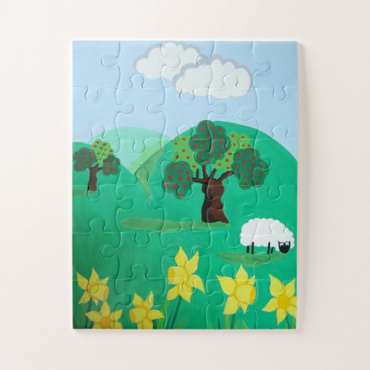 landschap met bomen heuvels blauwe lucht en schaap legpuzzel (Verticaal)