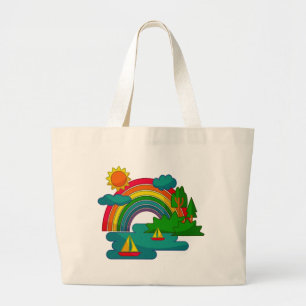 Landschap met boten onder zon wolken en regenboog grote tote bag