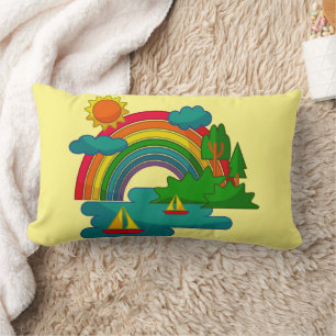 Landschap met boten onder zon wolken en regenboog  kussen