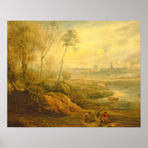 Landschap met een Birdcatcher (olie op het paneel) Poster
