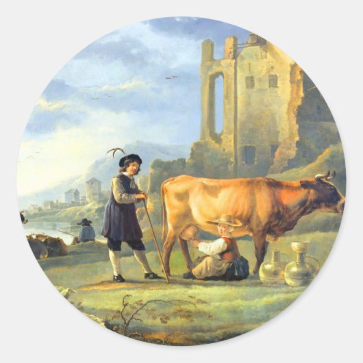 Landschap met een jong meisje dat een koe van Aelb Ronde Sticker (Voorkant)