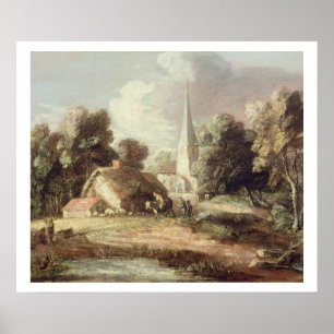 Landschap met een kerk, Cottage, Villagers en An Poster