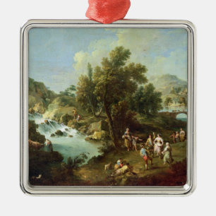 Landschap met een rivier- en dansende peasantia (o metalen ornament
