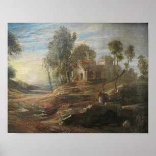 Landschap met een Waterplaats en Effect van de Zon Poster