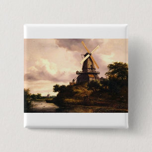 Landschap met een windmolen Kunst Vierkante Button 5,1 Cm