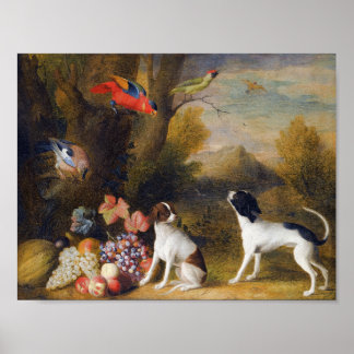Landschap met exotische vogels en twee honden poster