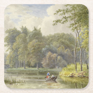 Landschap met Figuren in een Roeibootje Vintage Vierkante Kartonnen Onderzetter