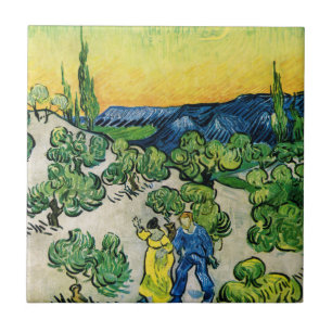 Landschap met wandelend paar van Vincent van Gogh Tegeltje