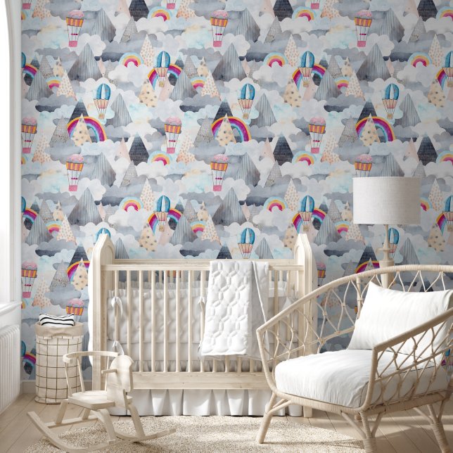 Landschap met warme luchtballon kraamkamer behang (Kinderen)