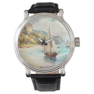 Landschap met zee- en zeilschepen horloge