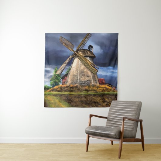 Landschap Nederland met Windmolen Tapestry Wandkleed (In situ)