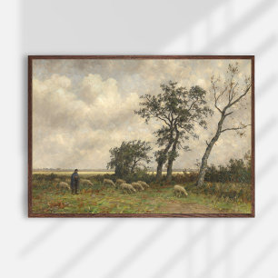 Landschap, schaap en herder,  beeldende kunst. poster
