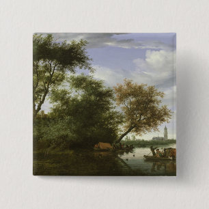 Landschap van de rivier vierkante button 5,1 cm