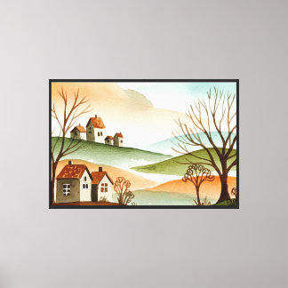 landschap van heuvels met kleine huizen canvas afdruk