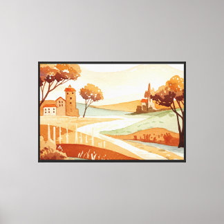 landschap van heuvels met kleine huizen canvas afdruk