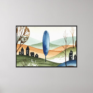 landschap van heuvels met kleine huizen canvas afdruk