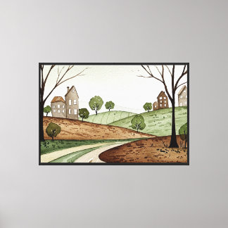 landschap van heuvels met kleine huizen canvas afdruk