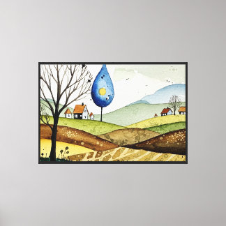 landschap van heuvels met kleine huizen canvas afdruk