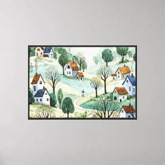 landschap van heuvels met kleine huizen canvas afdruk